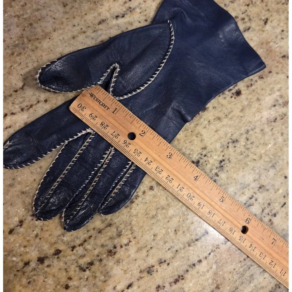 Vintage Womens Size XS S 6 1/4 Blue Leather Formal Gloves Contrast Stitching